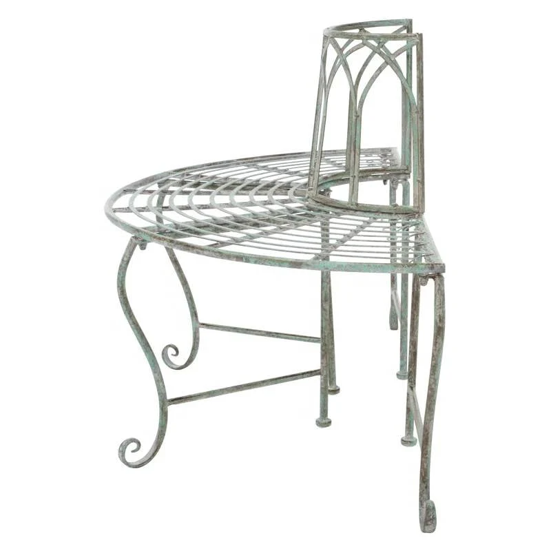 Half-Circle Outdoor Patio Garden Wrought Iron Tree Bench in Antique Green - Image 3
