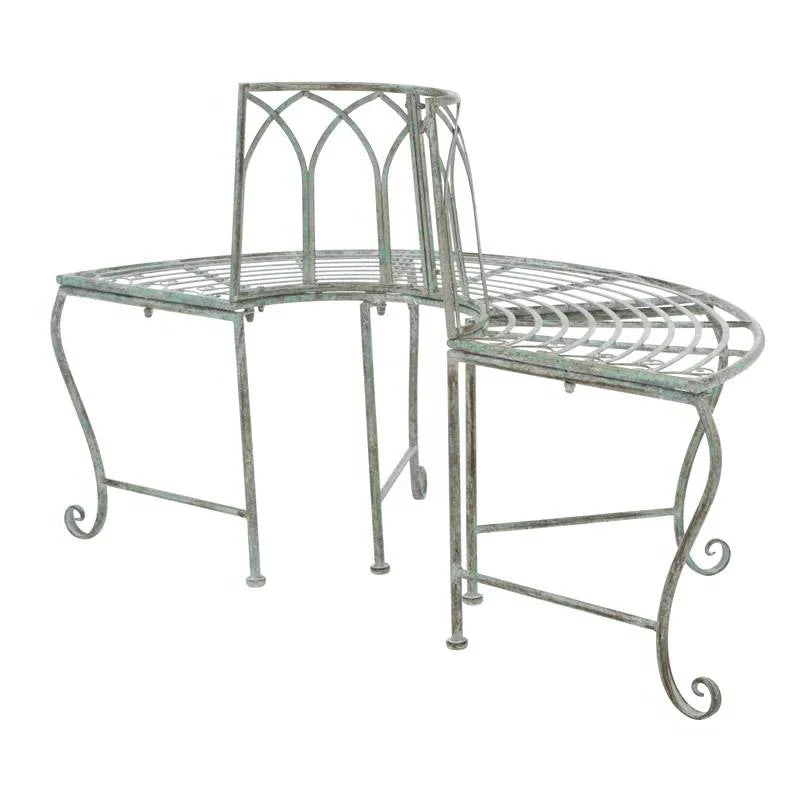 Half-Circle Outdoor Patio Garden Wrought Iron Tree Bench in Antique Green - Image 4