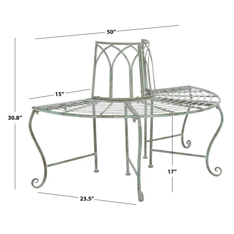 Half-Circle Outdoor Patio Garden Wrought Iron Tree Bench in Antique Green - Image 5