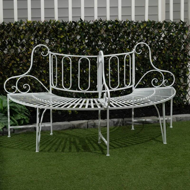 Half-Circle White Metal Outdoor Patio Garden Tree Bench - Image 2