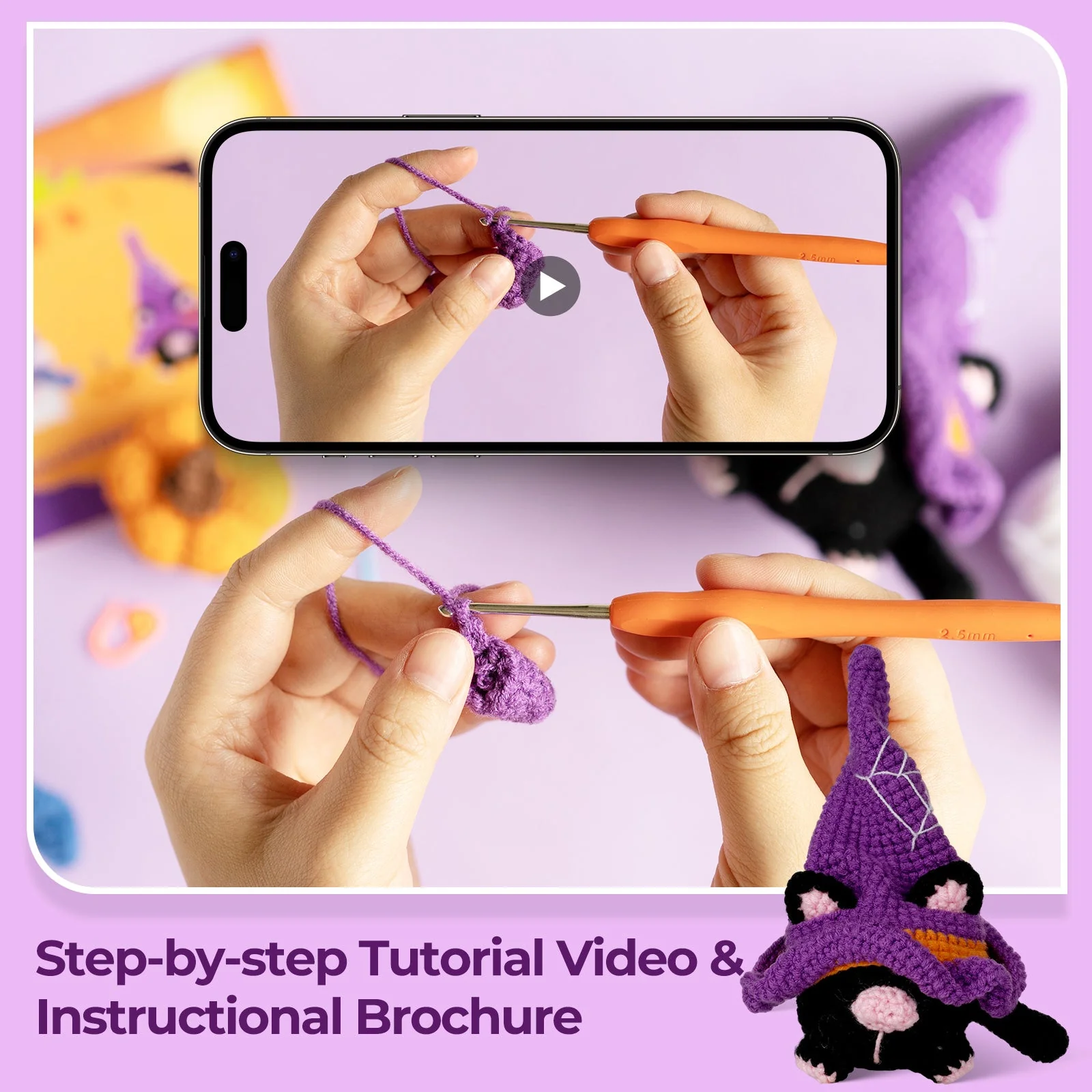 Halloween Cat Gnomes Amigurumi DIY Crochet Kit Wizardi F07N8-M210 - Image 2