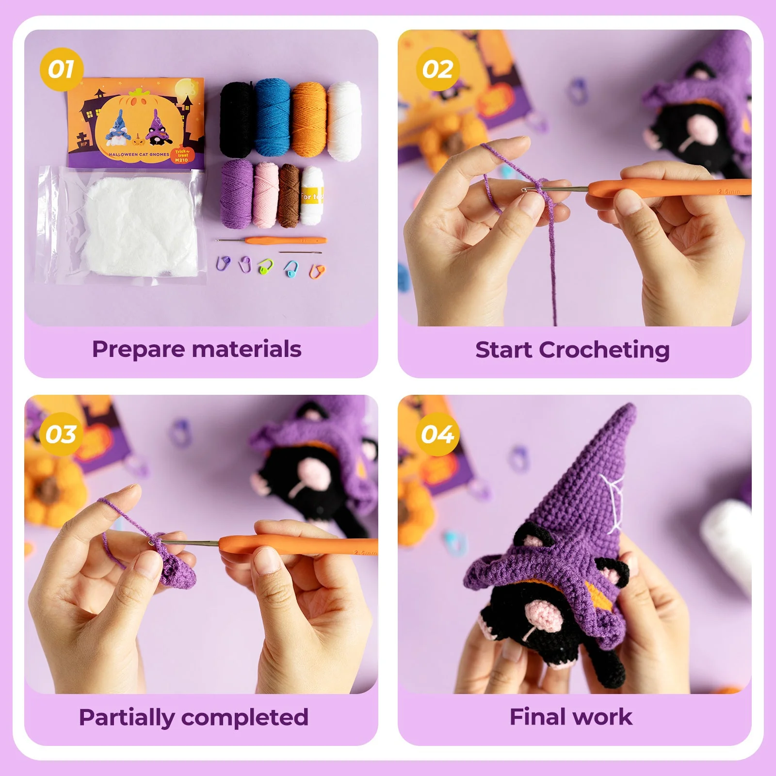 Halloween Cat Gnomes Amigurumi DIY Crochet Kit Wizardi F07N8-M210 - Image 4