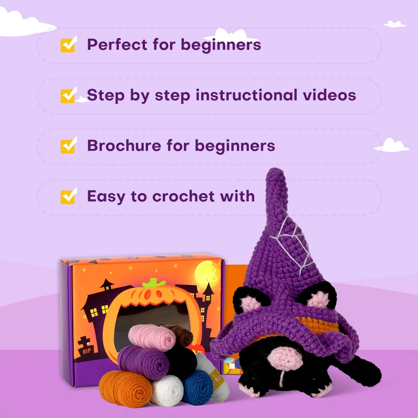 Halloween Cat Gnomes Amigurumi DIY Crochet Kit Wizardi F07N8-M210 - Image 5