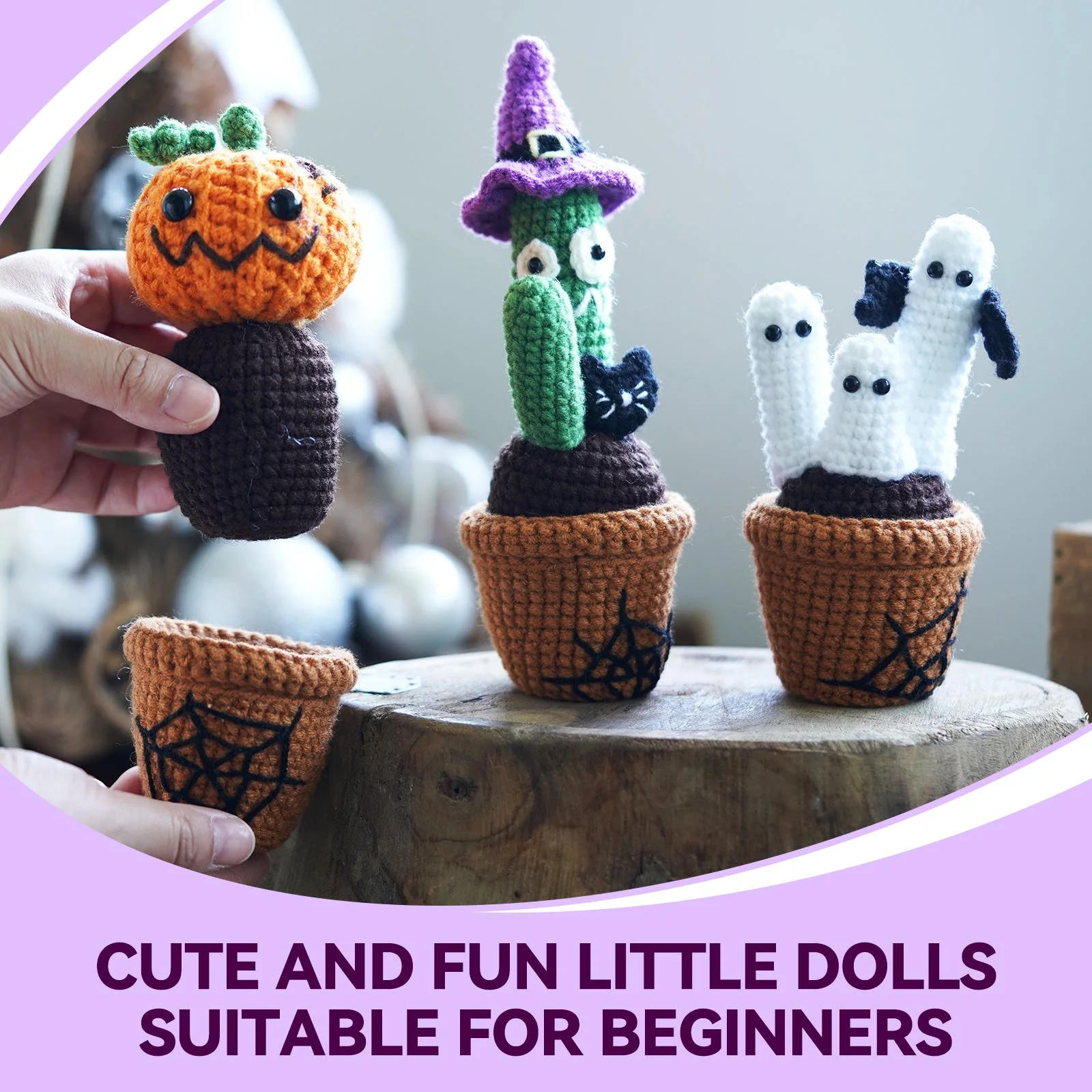 Halloween Plants with Ghost Amigurumi DIY Crochet Kit Wizardi F07N8-M226 - Image 5