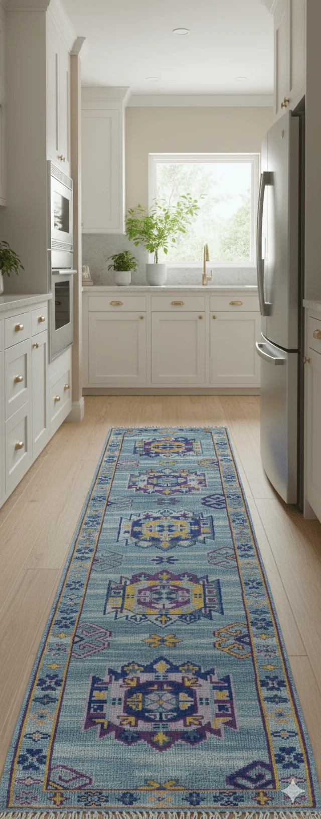Hand knotted 2.6x10 Purple and Blue transitional geometrical Design Wool Area Rug - Image 2