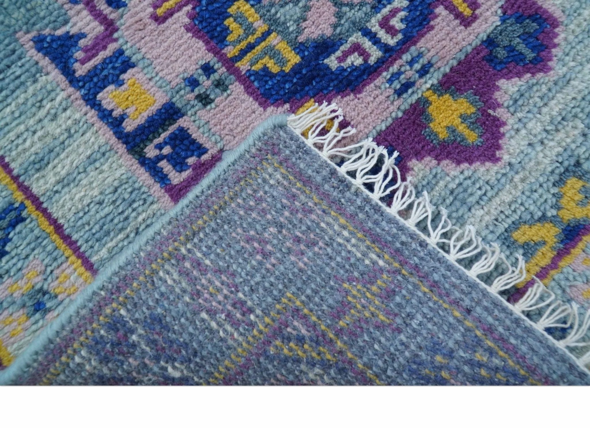 Hand knotted 2.6x10 Purple and Blue transitional geometrical Design Wool Area Rug - Image 5