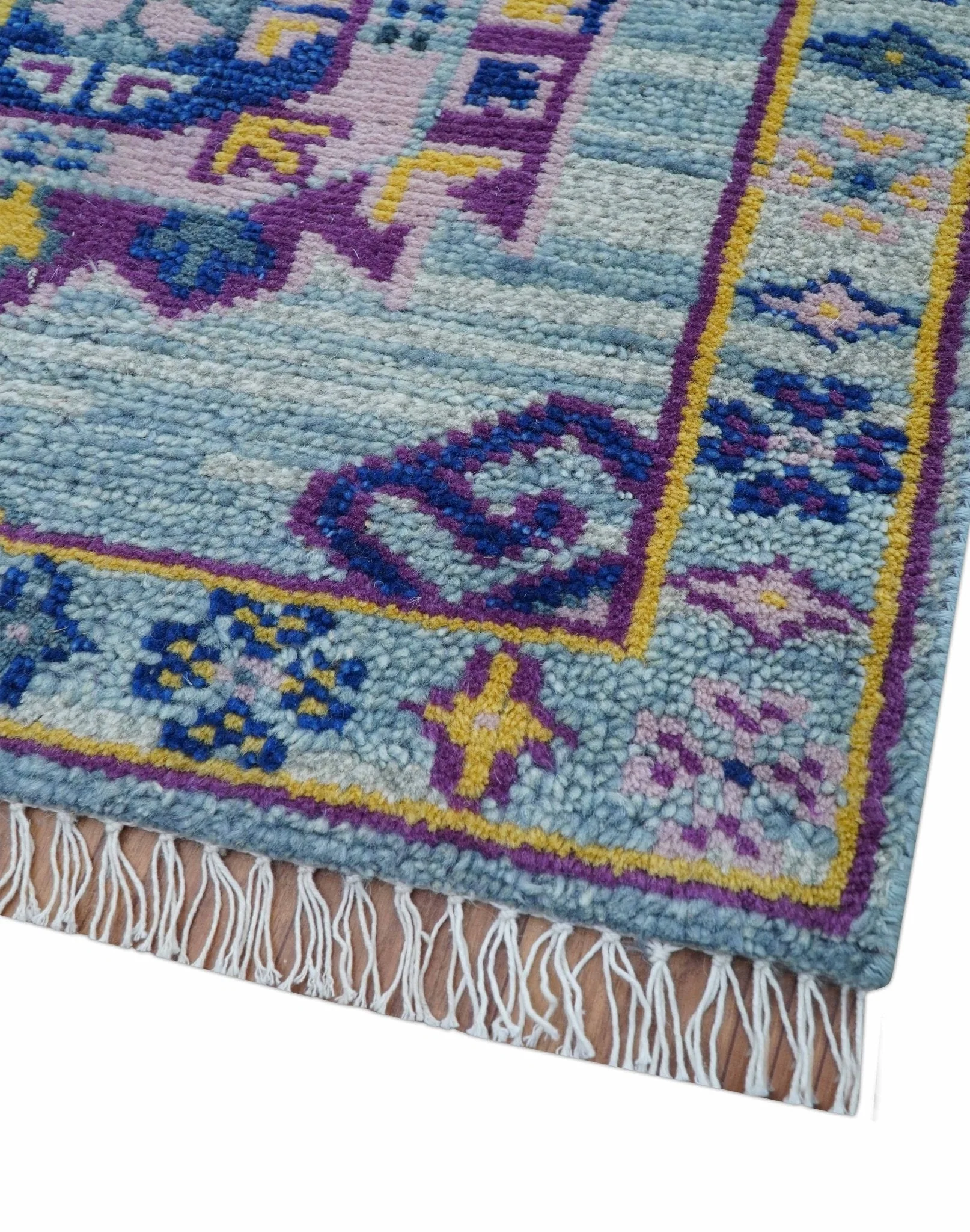 Hand knotted 2.6x10 Purple and Blue transitional geometrical Design Wool Area Rug - Image 7