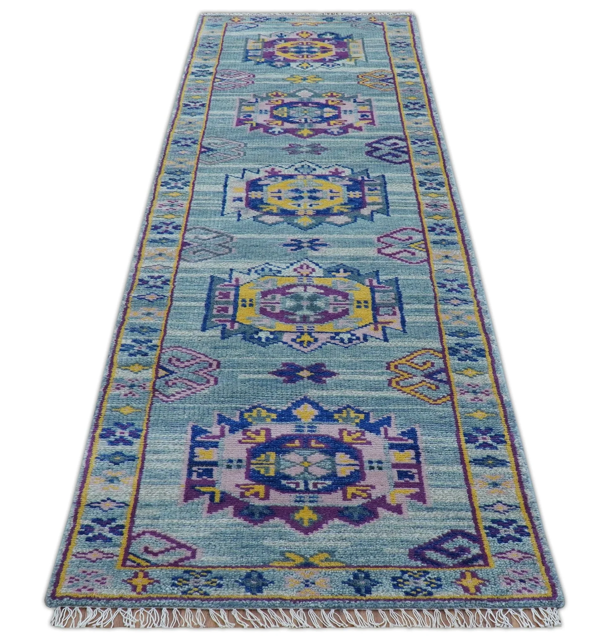 Hand knotted 2.6x10 Purple and Blue transitional geometrical Design Wool Area Rug - Image 9