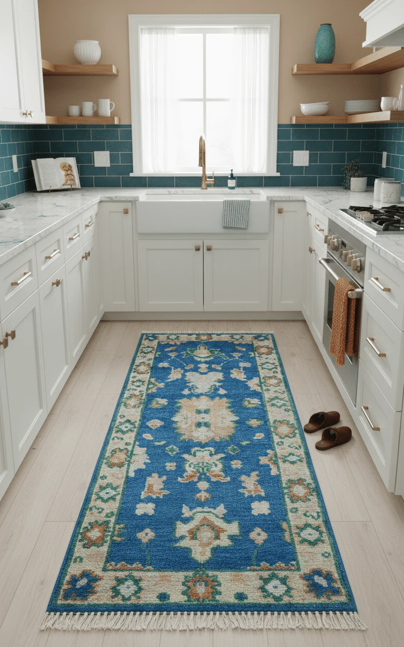 Hand knotted 2.6x6 Blue Traditional Oushak Design Wool Area Rug - Image 2