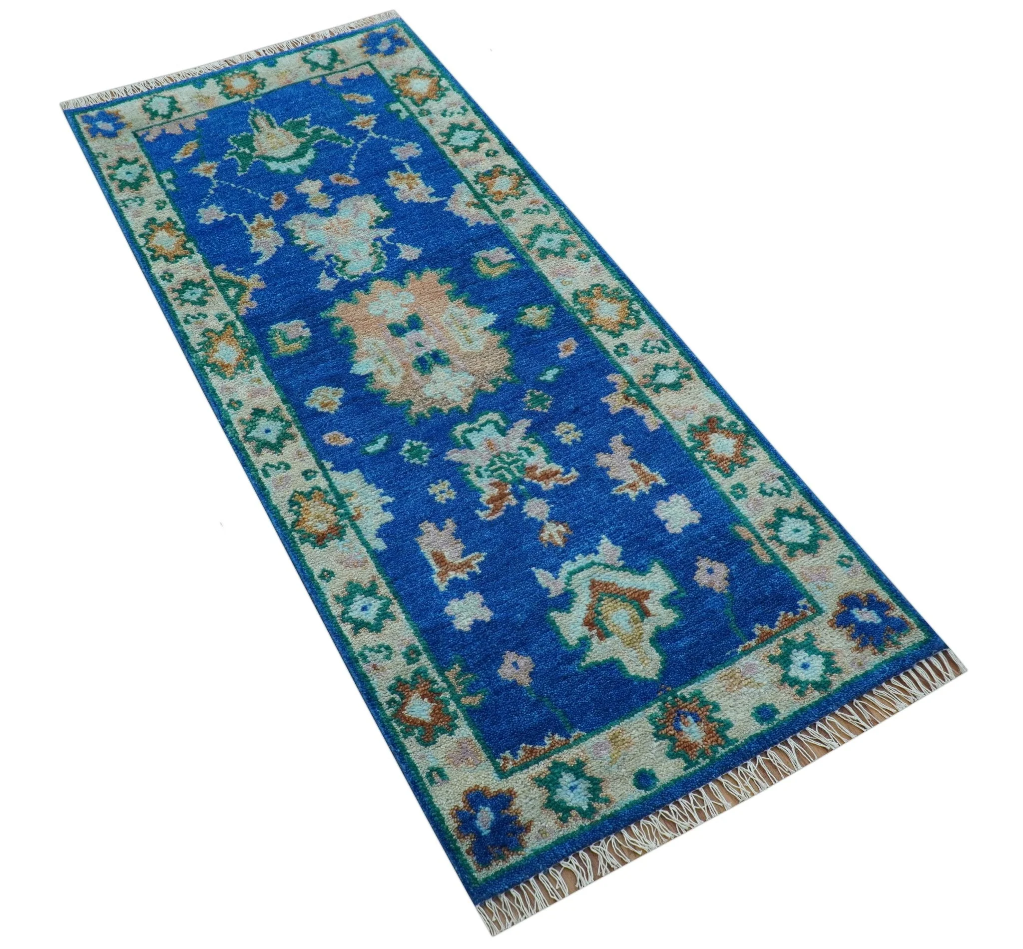 Hand knotted 2.6x6 Blue Traditional Oushak Design Wool Area Rug - Image 8