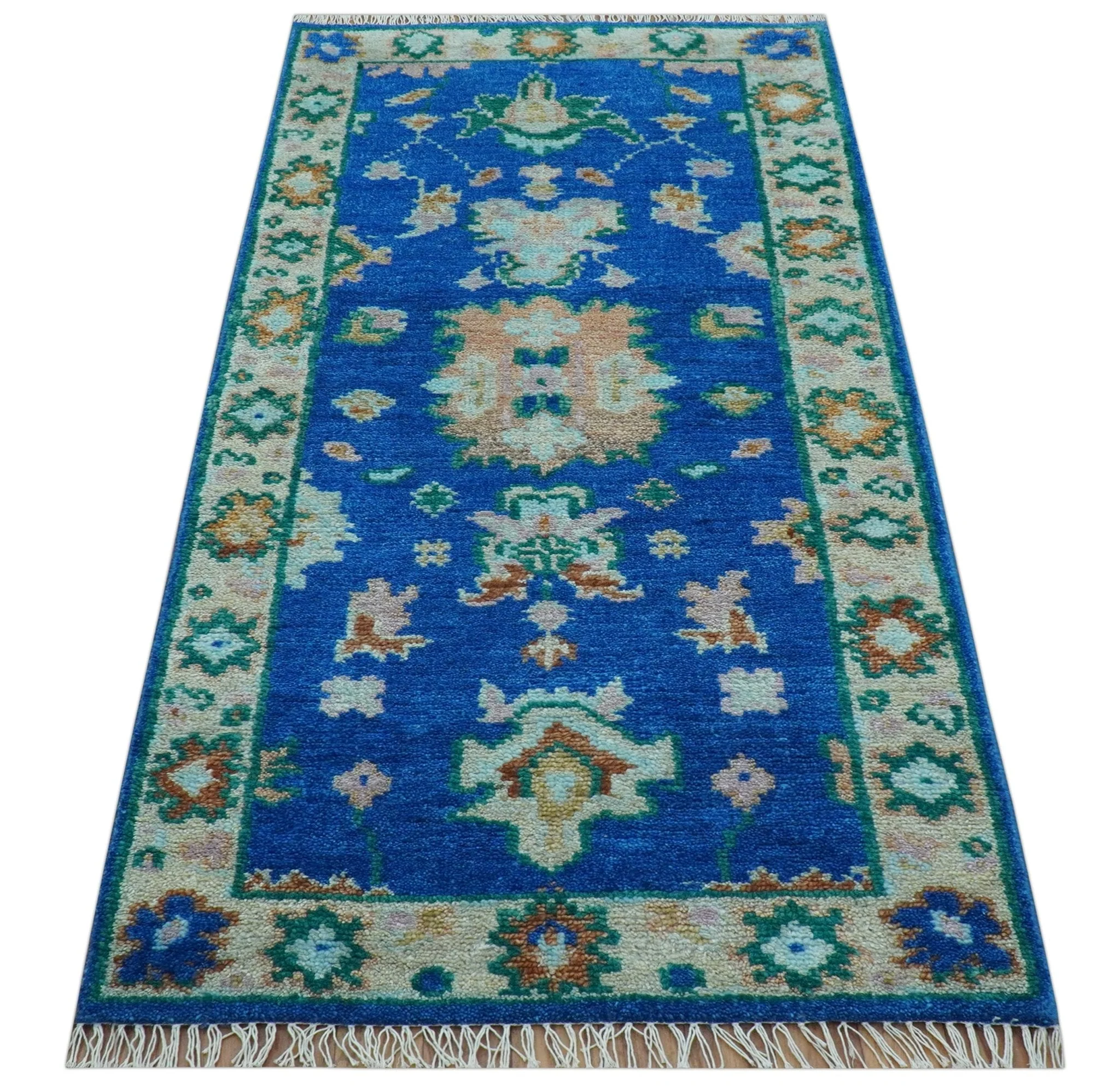 Hand knotted 2.6x6 Blue Traditional Oushak Design Wool Area Rug - Image 9