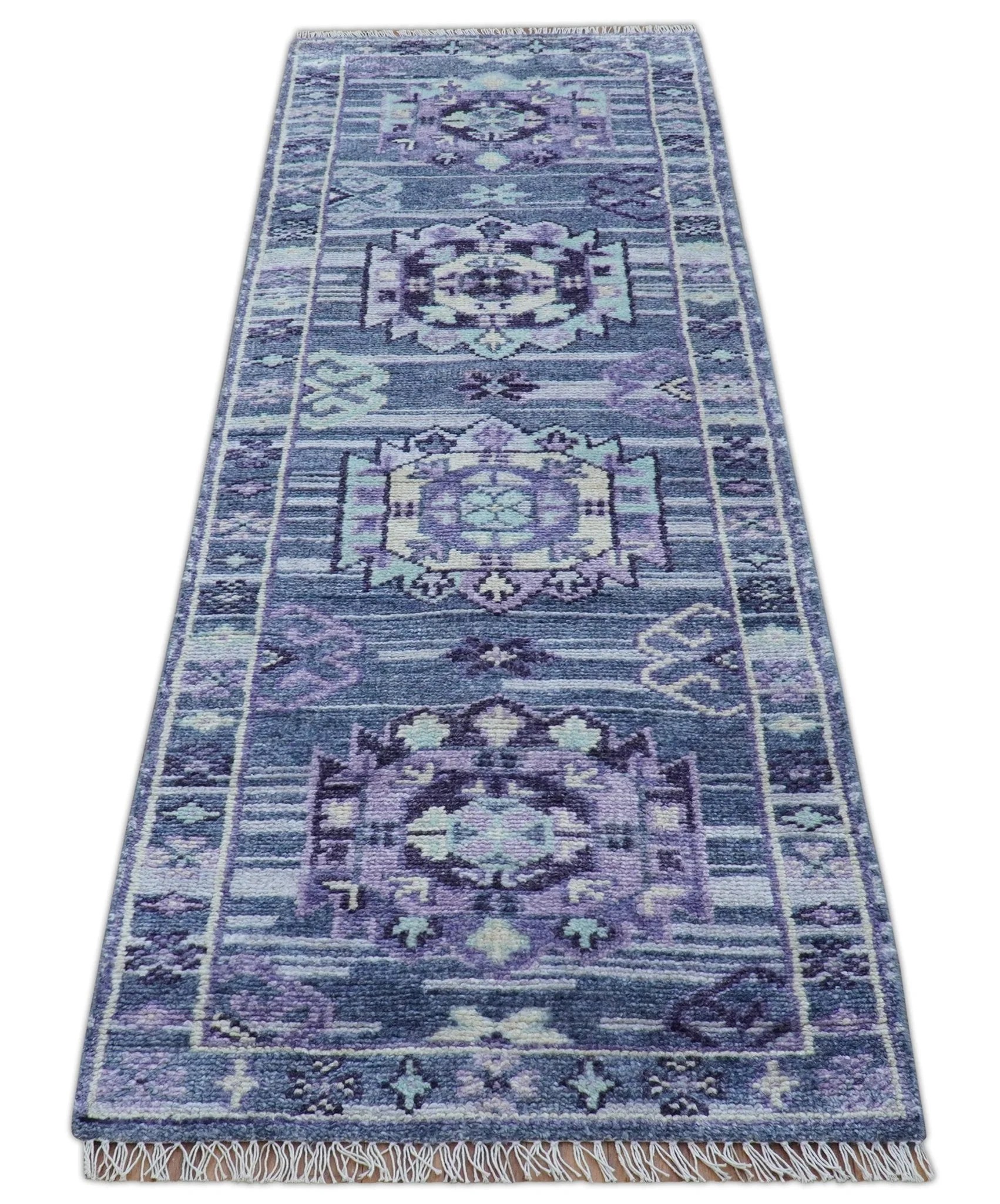 Hand knotted 2.6x8 Purple transitional geometrical Design Wool Area Rug - Image 10