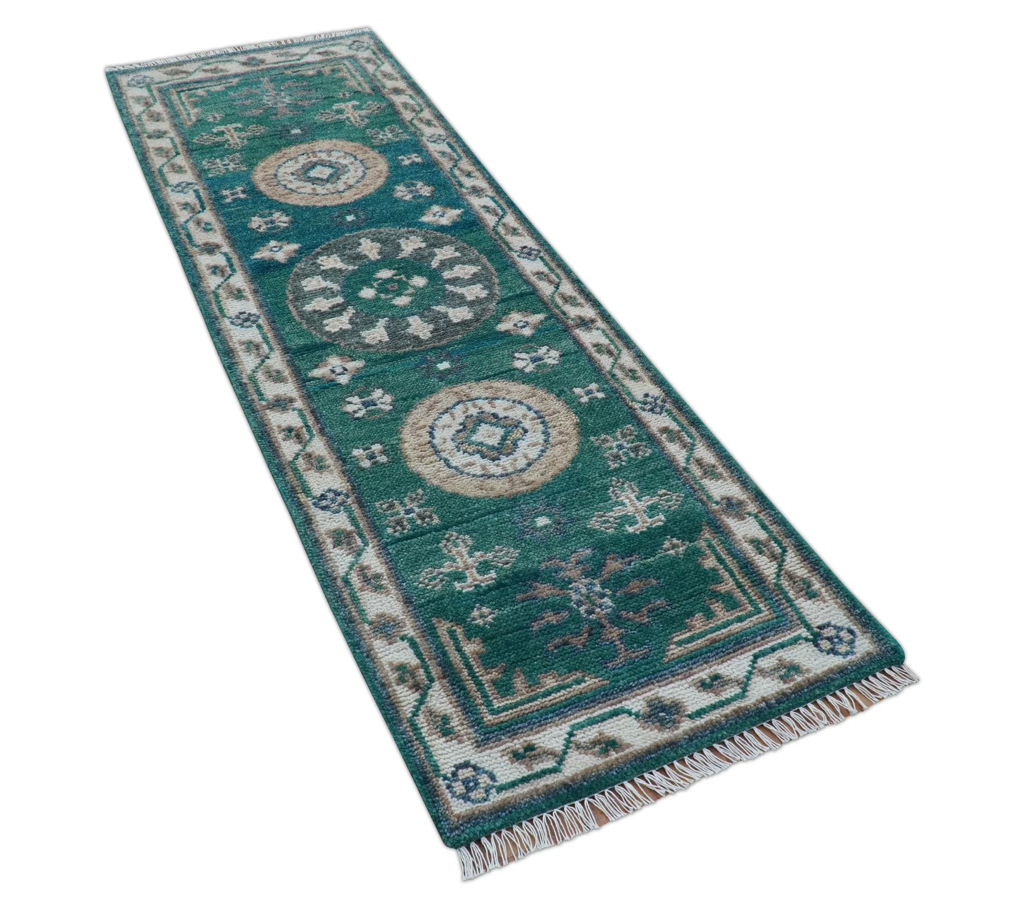 Hand knotted 2.6x8 Teal Traditional Khotan Design Wool Area Rug - Image 10