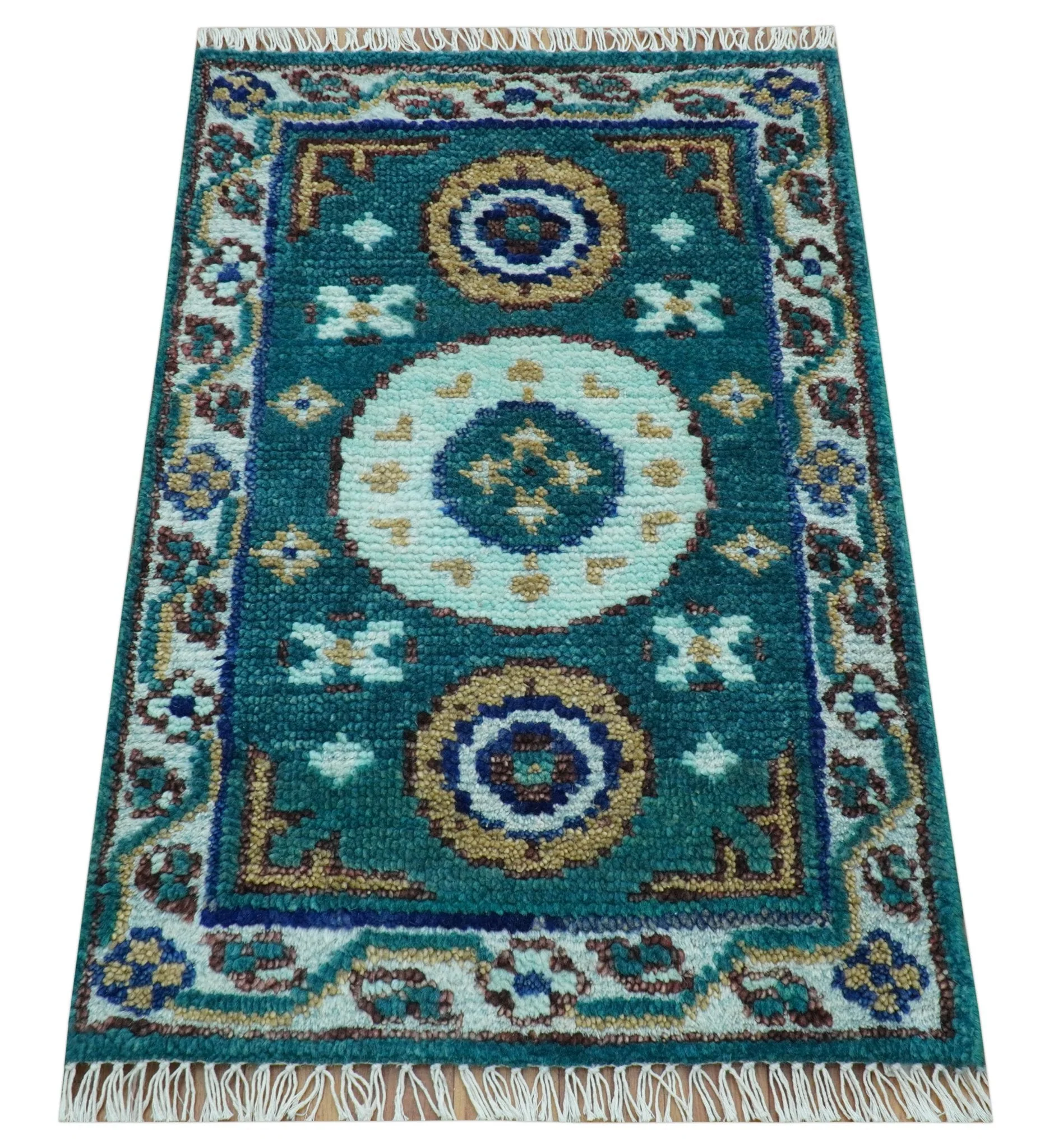 Hand knotted 2x3 Teal Traditional Khotan Design Wool Area Rug - Image 9