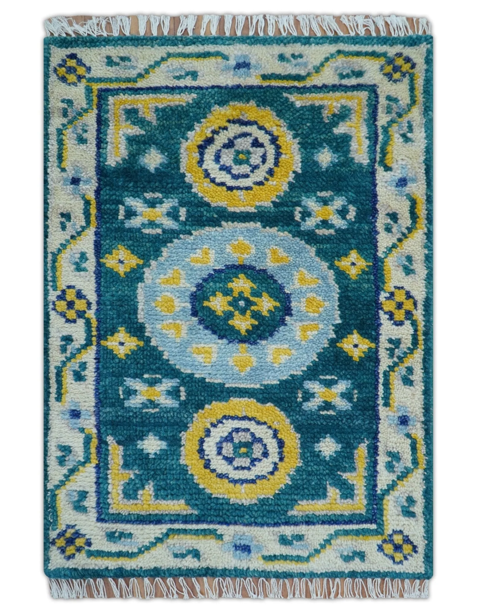 Hand knotted 2x3 Yellow And Teal Traditional Khotan Design Wool Area Rug - Image 2