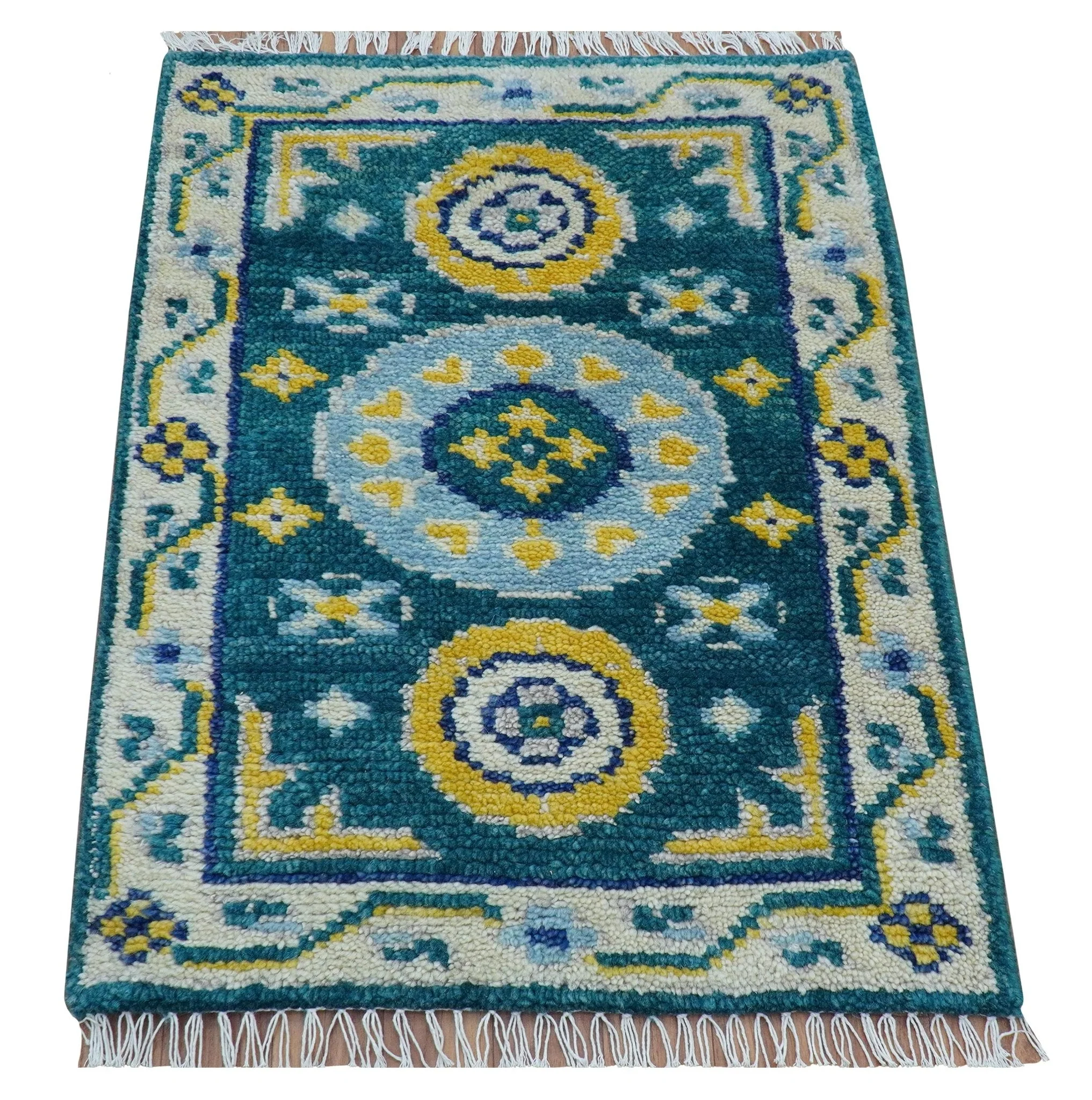Hand knotted 2x3 Yellow And Teal Traditional Khotan Design Wool Area Rug - Image 4