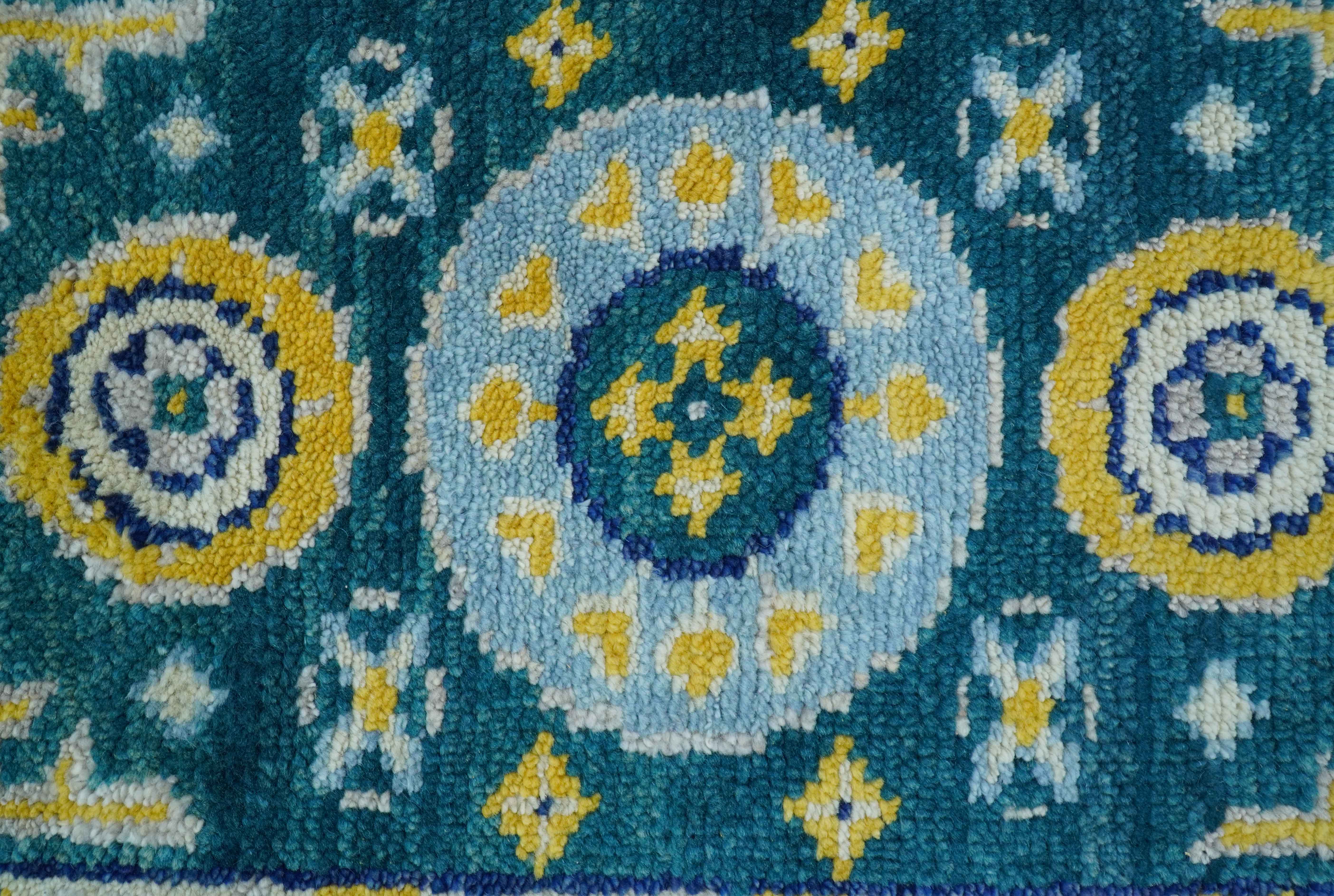 Hand knotted 2x3 Yellow And Teal Traditional Khotan Design Wool Area Rug - Image 5