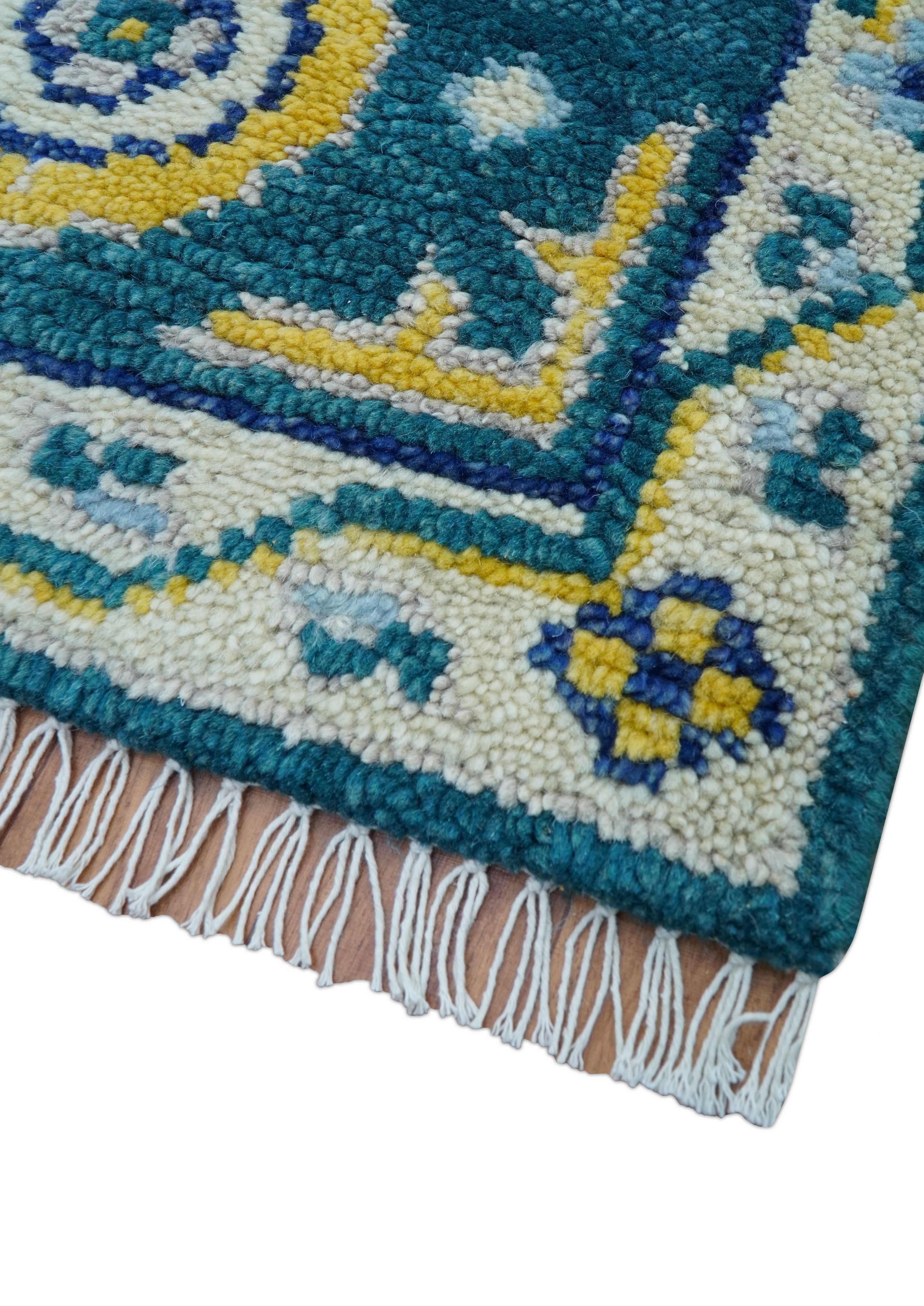 Hand knotted 2x3 Yellow And Teal Traditional Khotan Design Wool Area Rug - Image 8