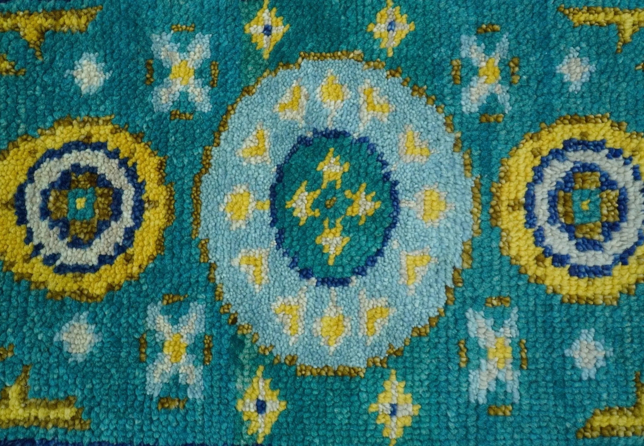 Hand knotted 2x3 Yellow And Teal Traditional Khotan Design Wool Area Rug - Image 6