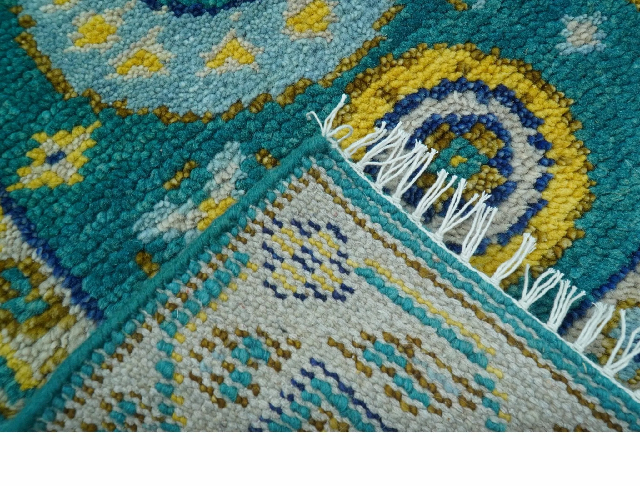 Hand knotted 2x3 Yellow And Teal Traditional Khotan Design Wool Area Rug - Image 8