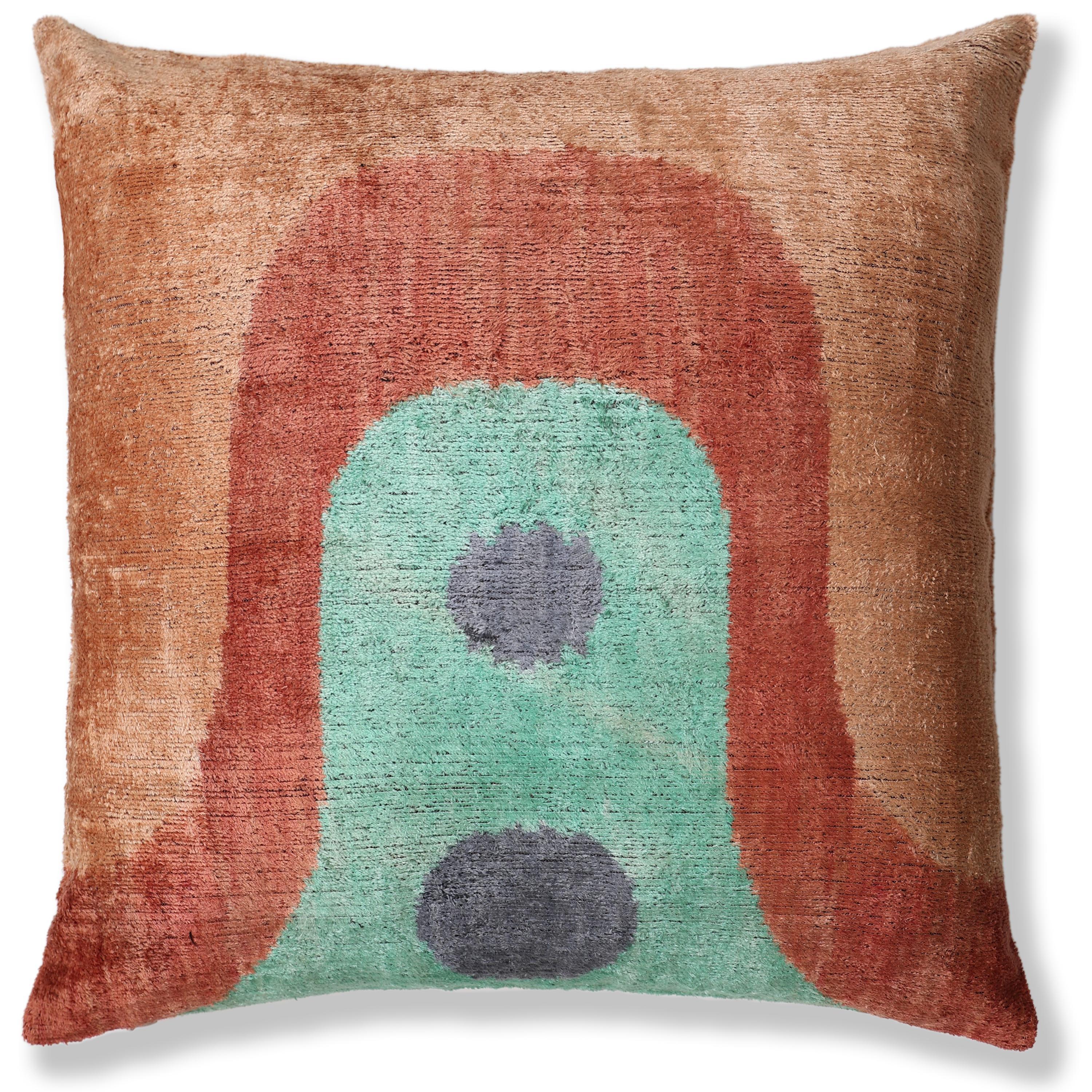 Hand-Knotted Abstract Arch Silk Velvet Pillow - 20x20 Rust & Mint - Image 5
