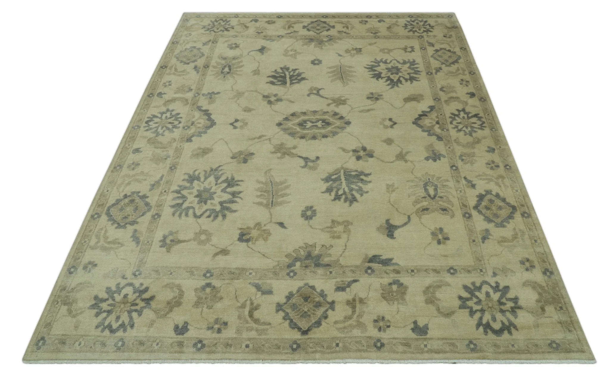 Hand Knotted Beige And Blue Traditional Oushak Design 9x11 Wool Area Rug - Image 10