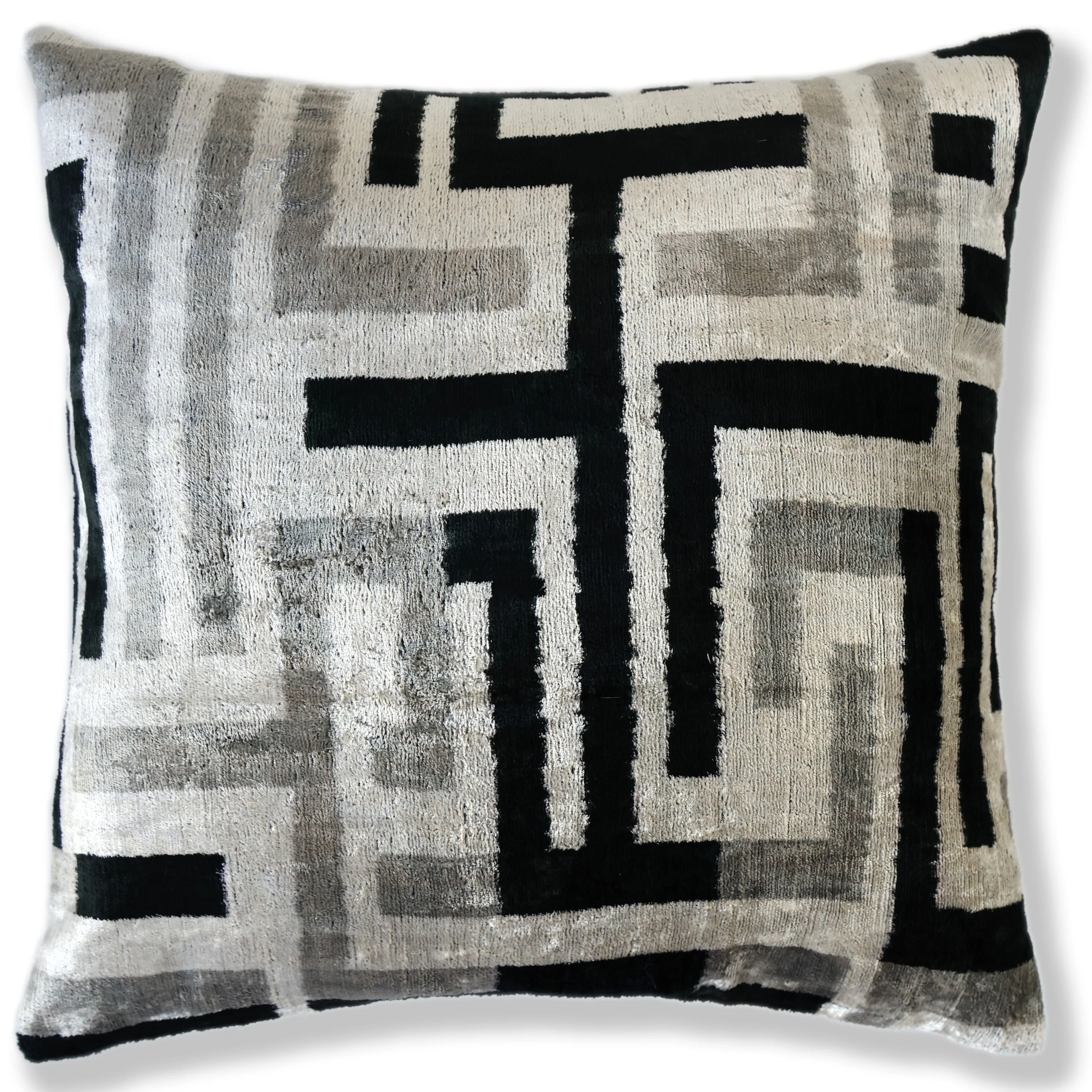 Hand-Knotted Geometric Maze Silk Velvet Pillow - 20x20 Black & Silver - Image 5
