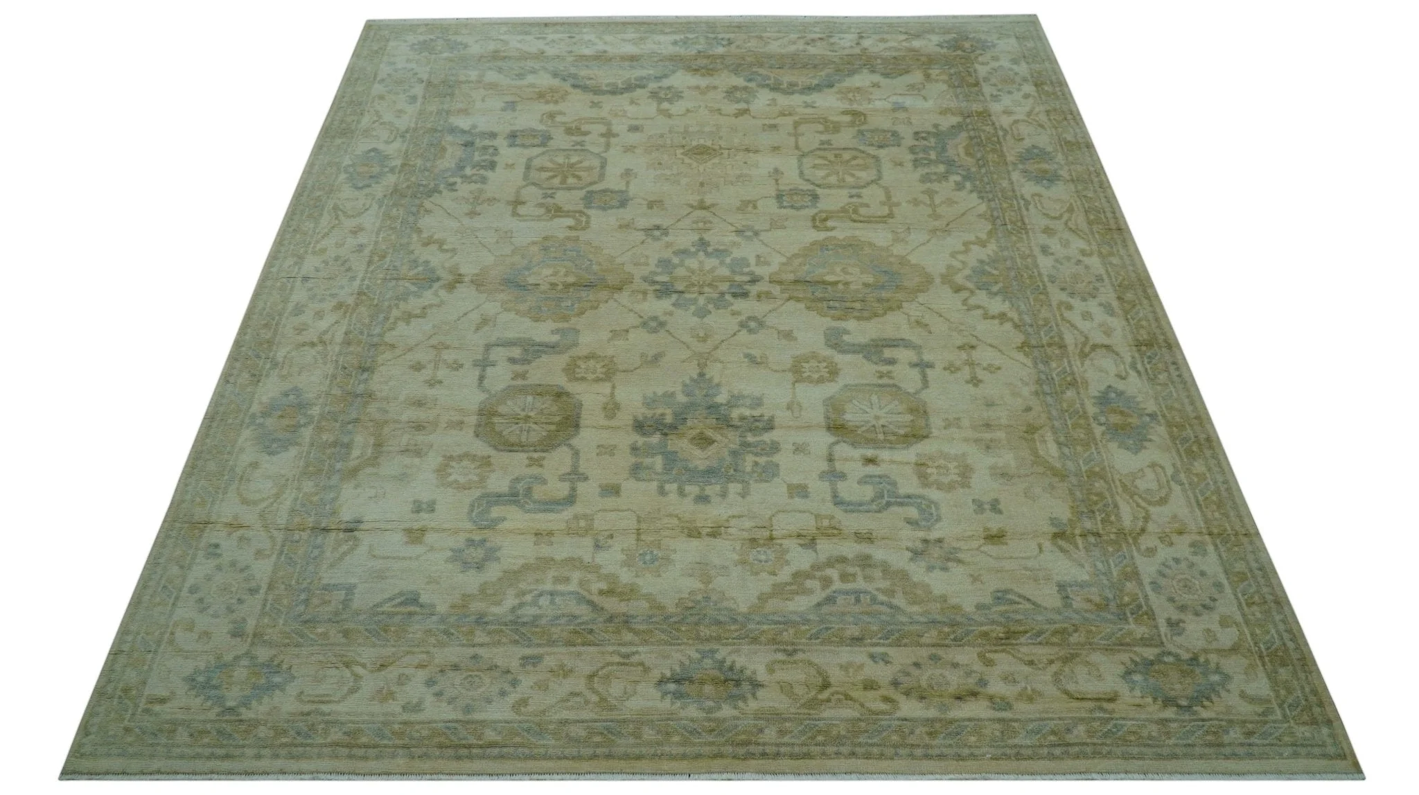Hand Knotted Ivory And Blue Traditional Oushak Design 8x10 Wool Area Rug - Image 11