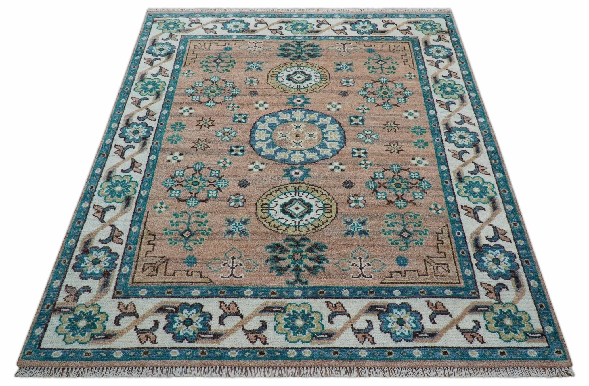 Hand knotted Peach Traditional Khotan Design 8x10 Wool Area Rug - Image 11