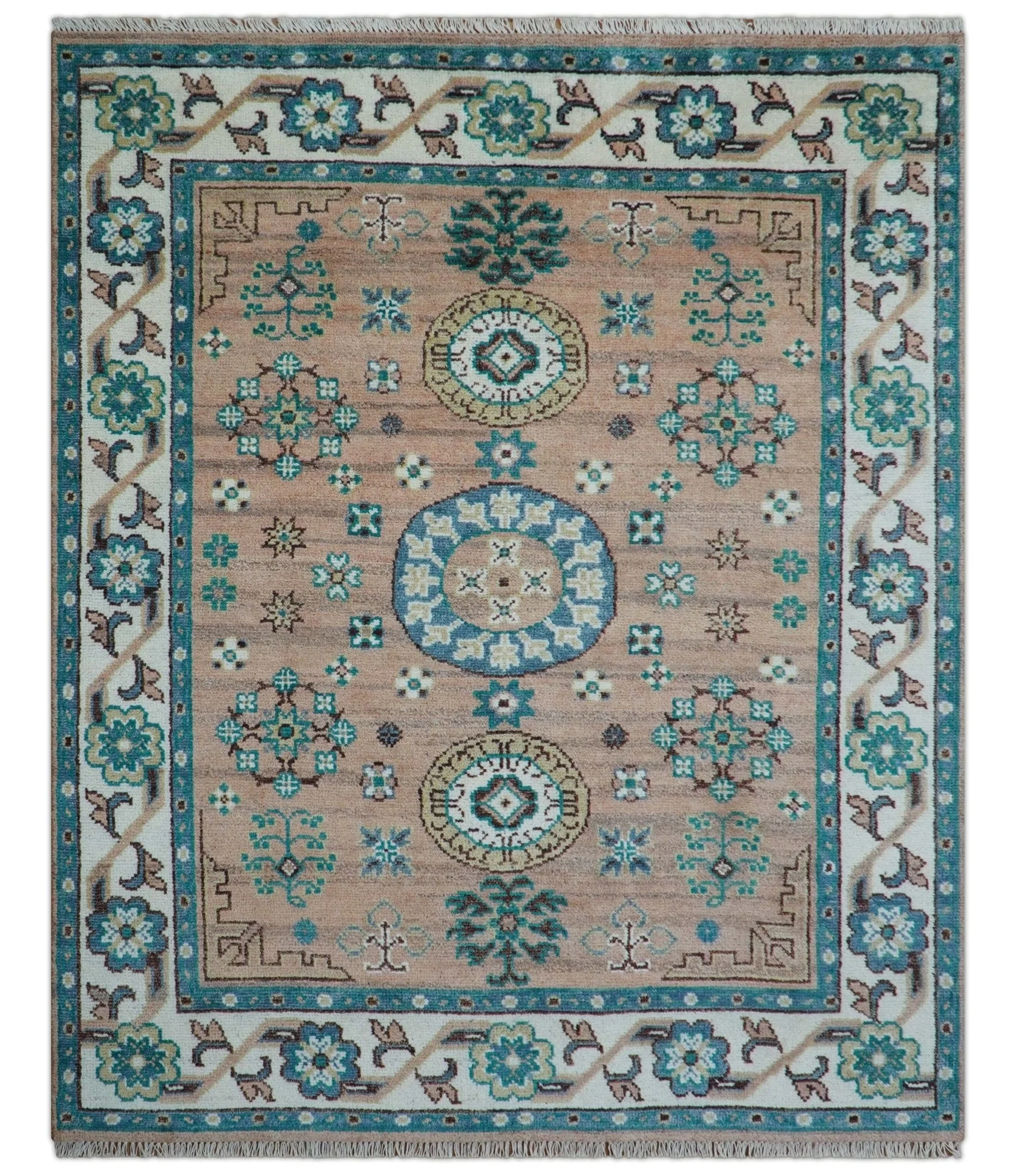Hand knotted Peach Traditional Khotan Design 8x10 Wool Area Rug - Image 2