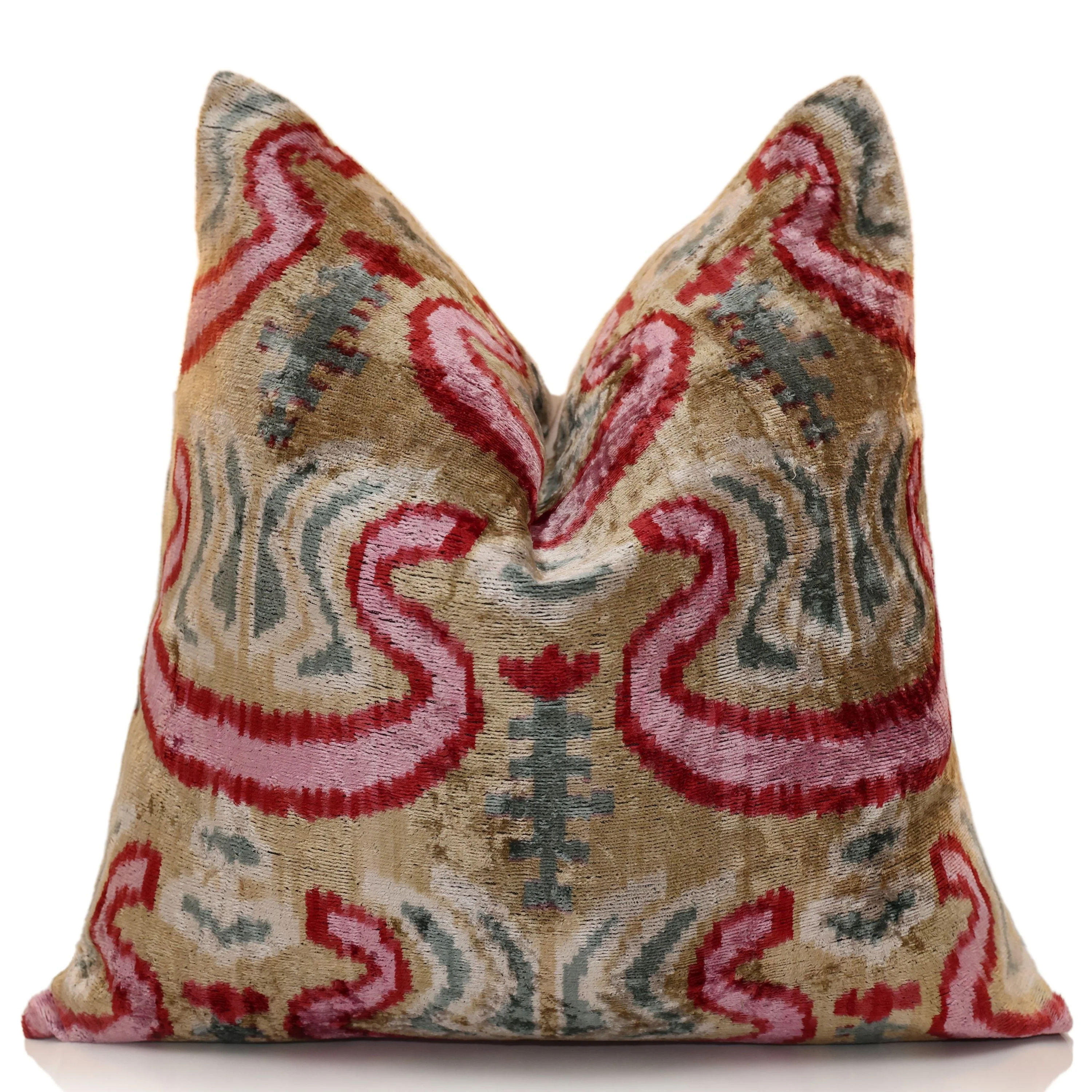 Hand-Knotted Scroll Ikat Silk Velvet Pillow - 20x20 Sand & Raspberry - Image 5