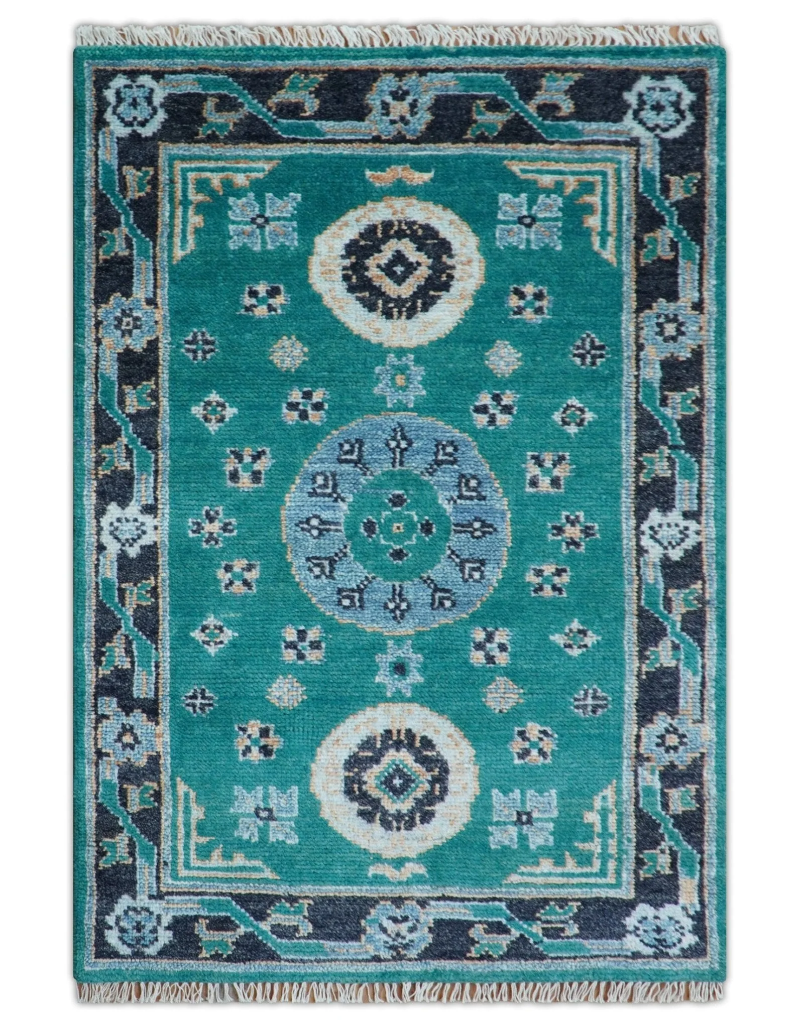 Hand knotted Teal Traditional Khotan Design 4x6 Wool Area Rug - Image 2