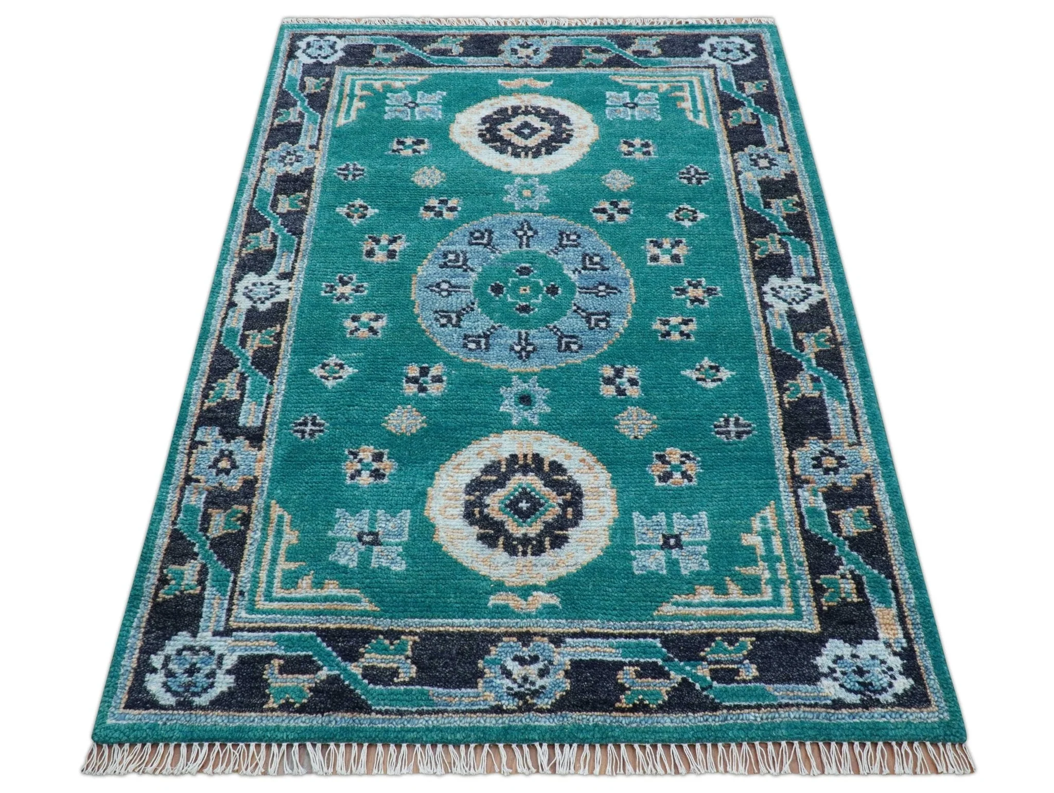 Hand knotted Teal Traditional Khotan Design 4x6 Wool Area Rug - Image 8
