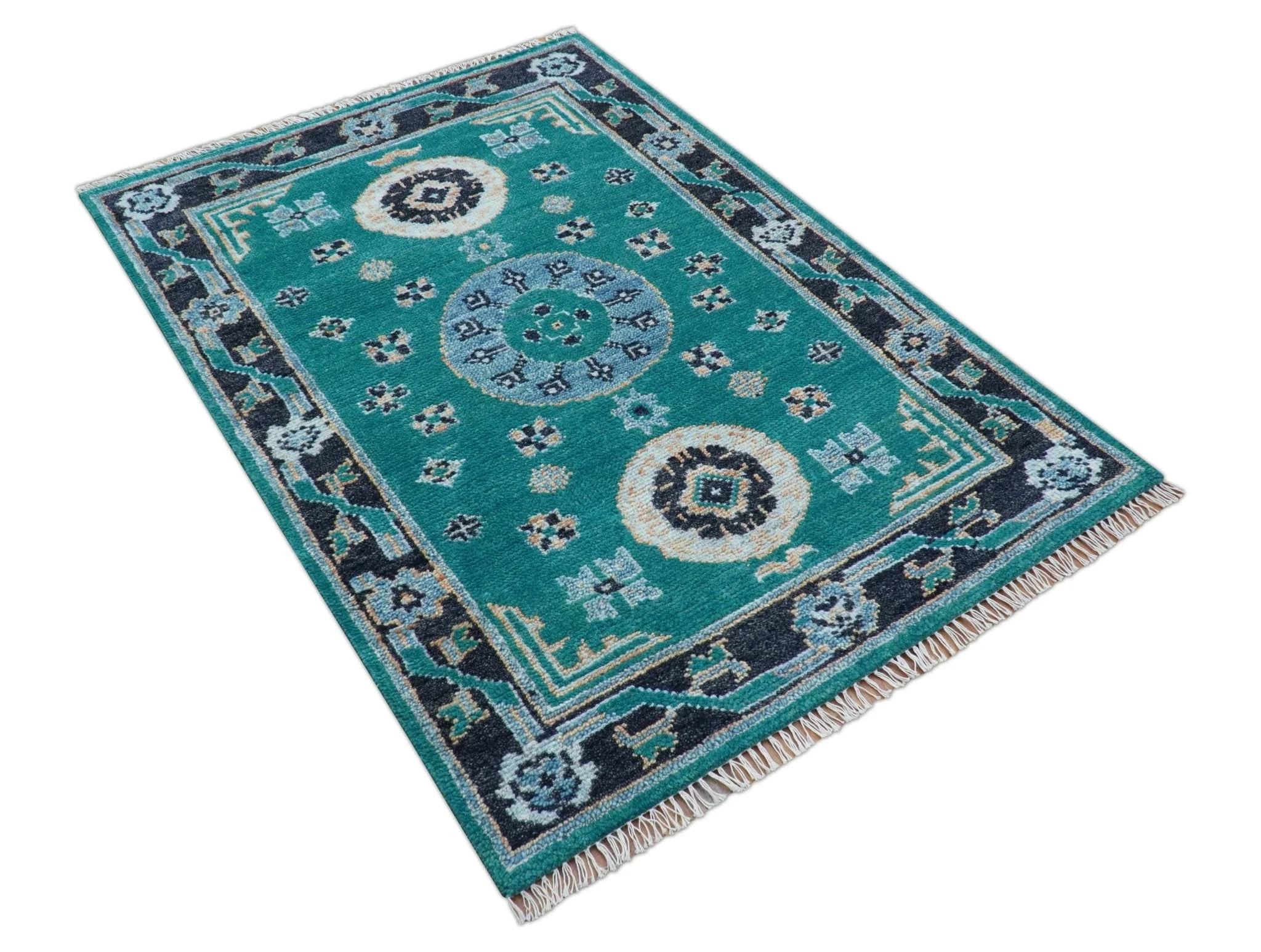 Hand knotted Teal Traditional Khotan Design 4x6 Wool Area Rug - Image 9