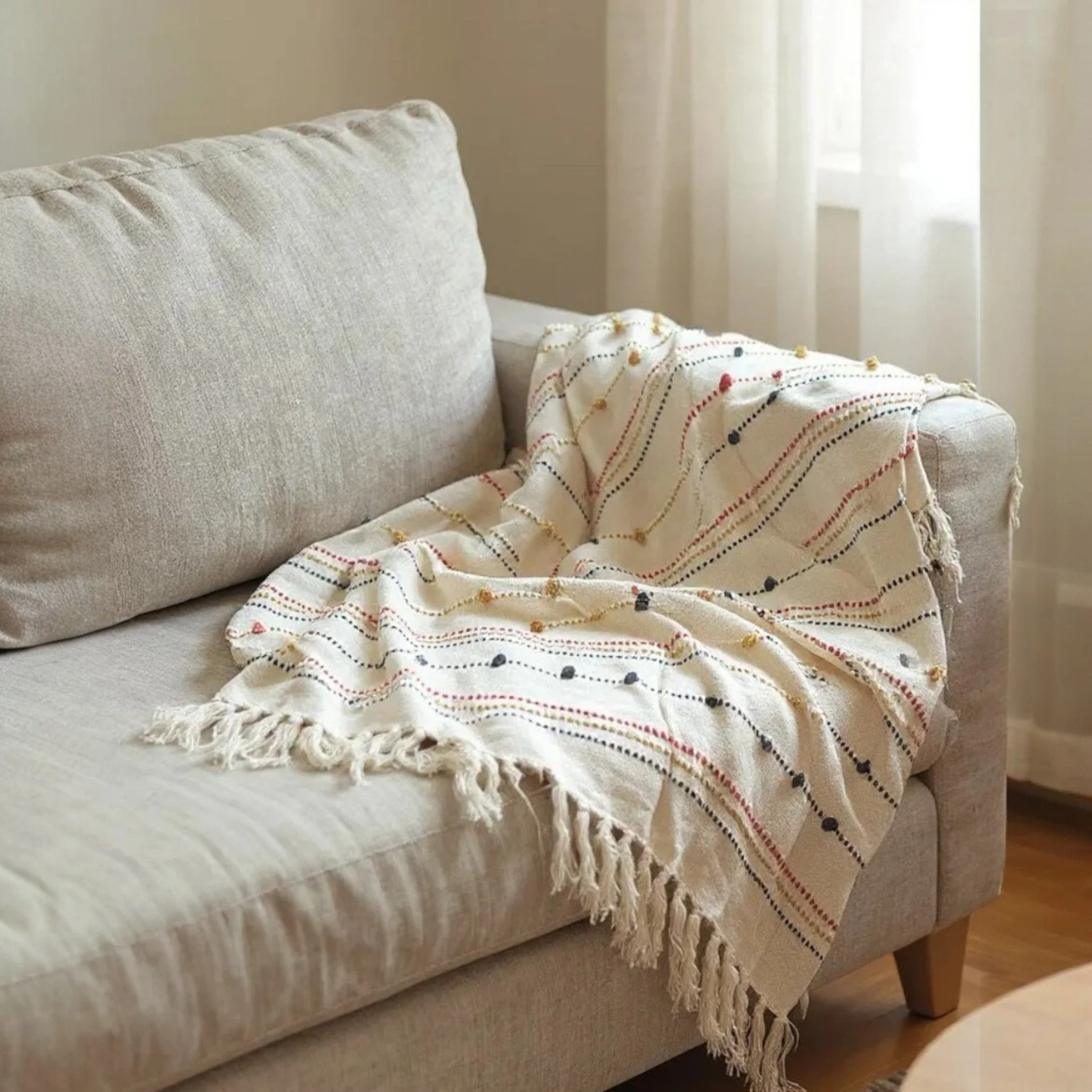 Hand Woven Cream Throw Blanket Striped with Tufts and Tassels - Image 2