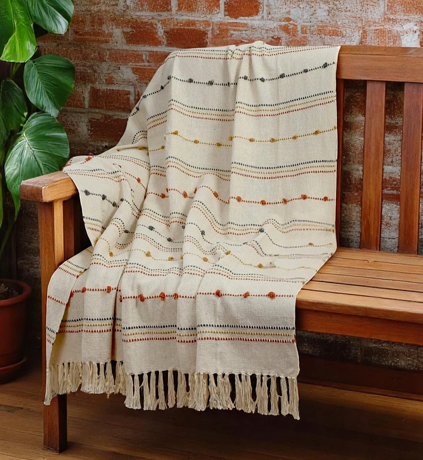 Hand Woven Cream Throw Blanket Striped with Tufts and Tassels - Image 3