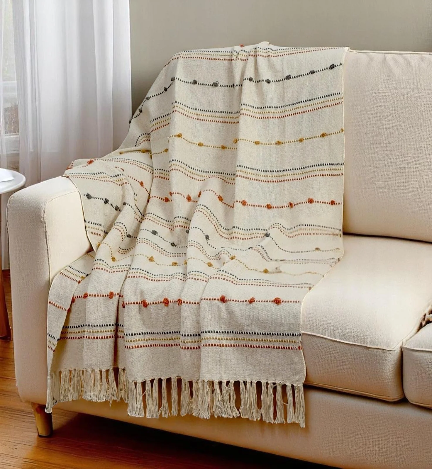 Hand Woven Cream Throw Blanket Striped with Tufts and Tassels - Image 4