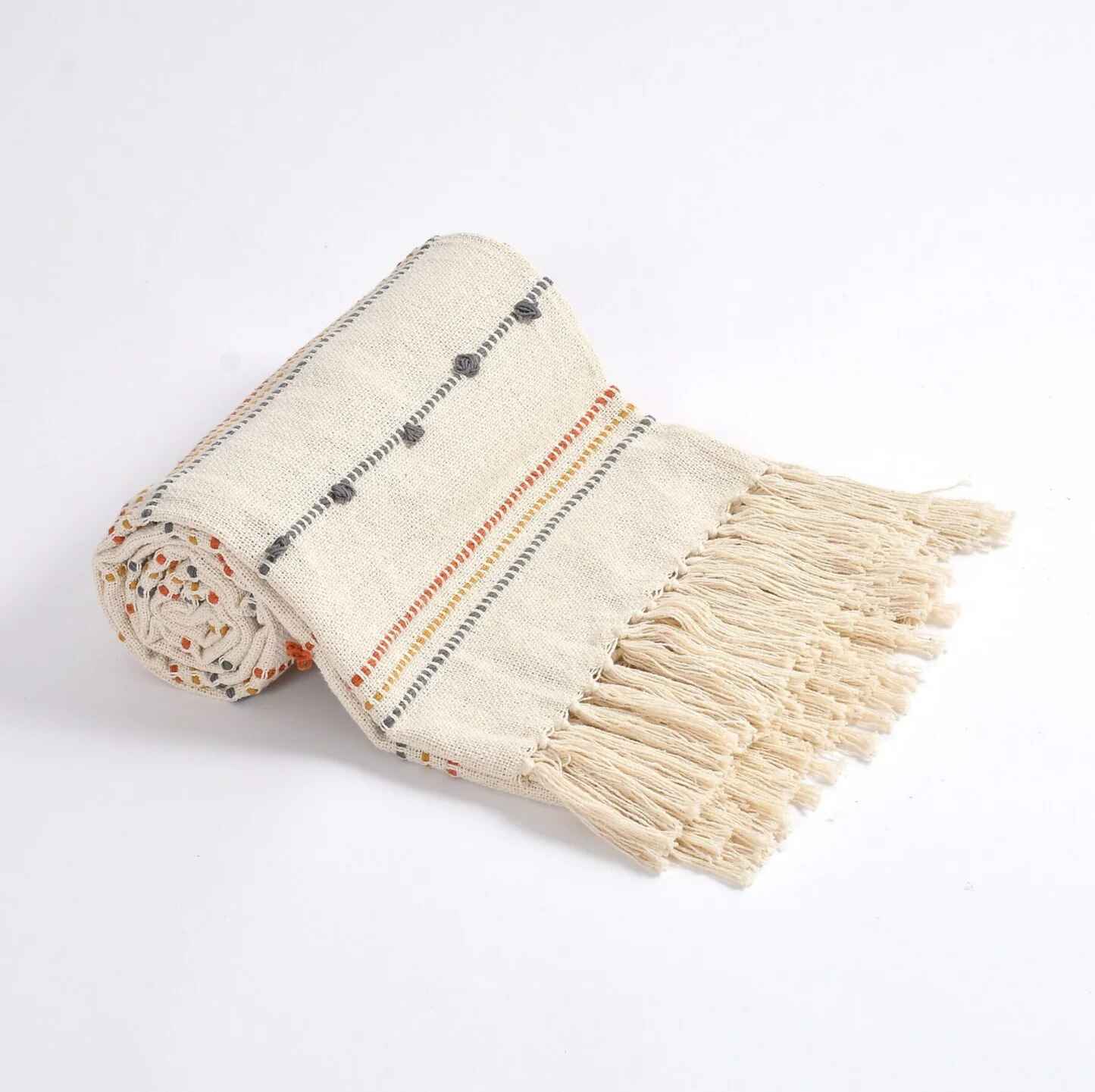 Hand Woven Cream Throw Blanket Striped with Tufts and Tassels - Image 5