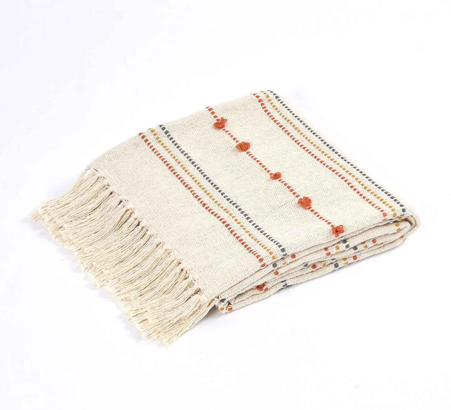 Hand Woven Cream Throw Blanket Striped with Tufts and Tassels - Image 6