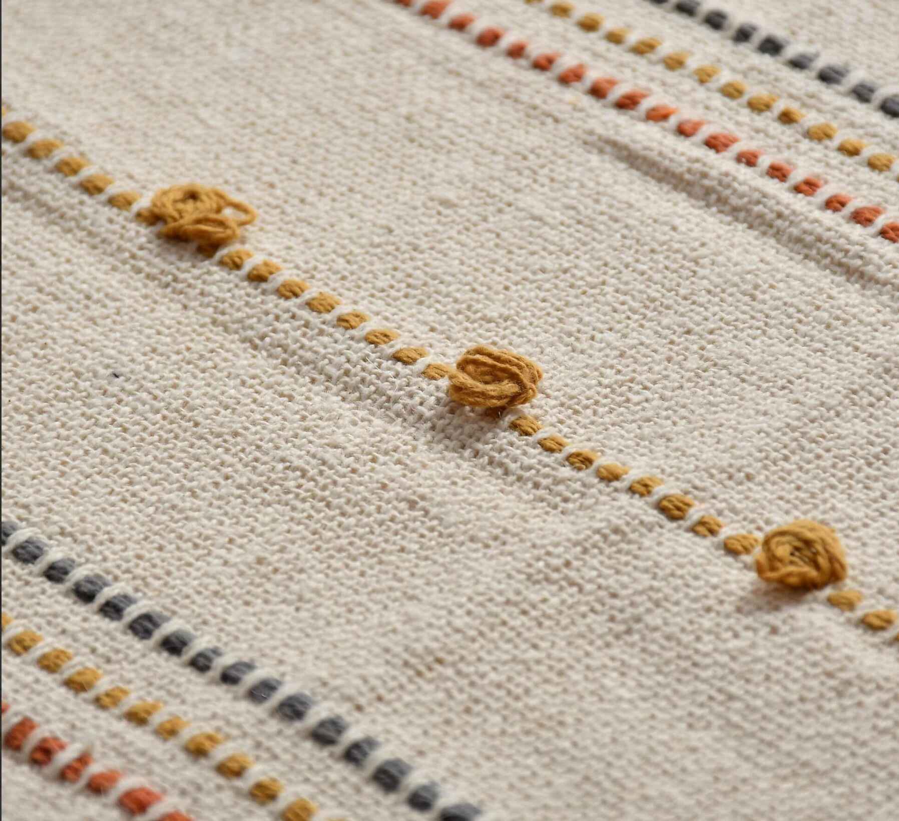 Hand Woven Cream Throw Blanket Striped with Tufts and Tassels - Image 7