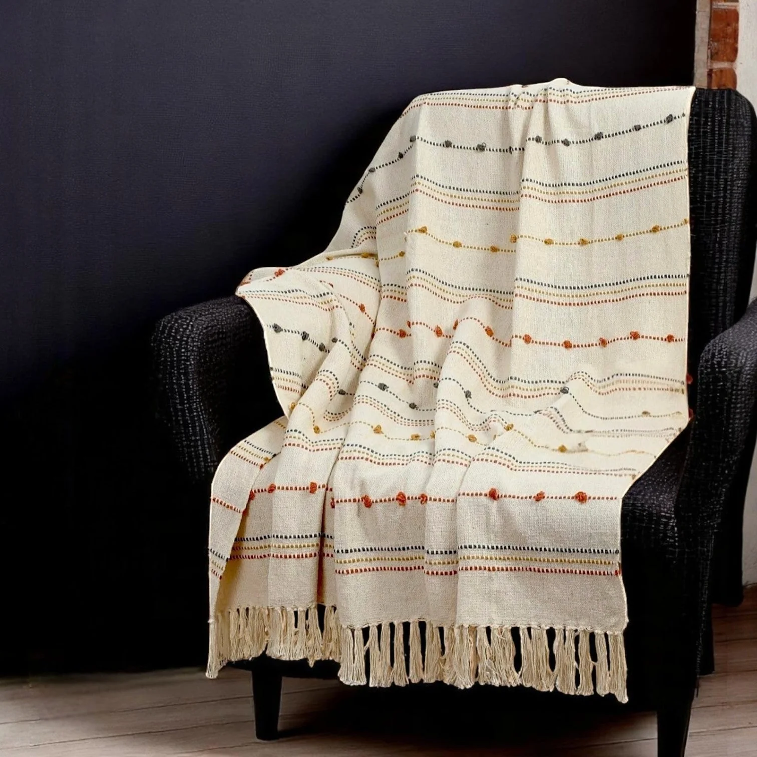 Hand Woven Cream Throw Blanket Striped with Tufts and Tassels - Image 8