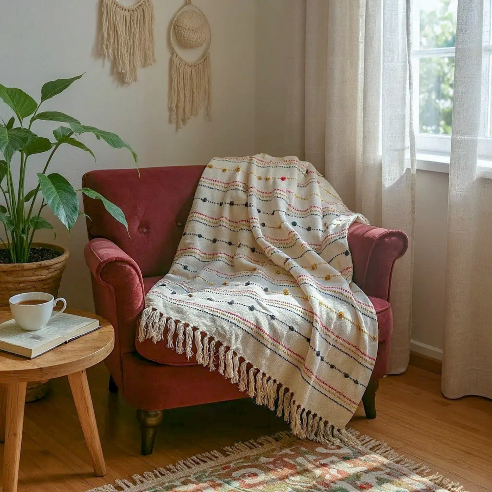 Hand Woven Cream Throw Blanket Striped with Tufts and Tassels - Image 9