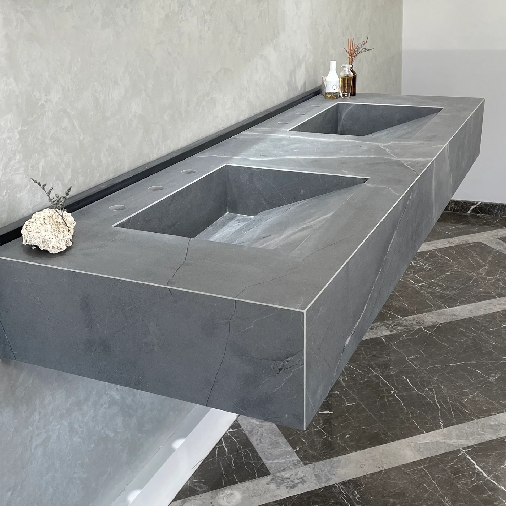 HANDCRAFTED ARMANI GREY HIGH ENGINEERED PORCELAIN DOUBLE SINK (ES-096) - Image 11