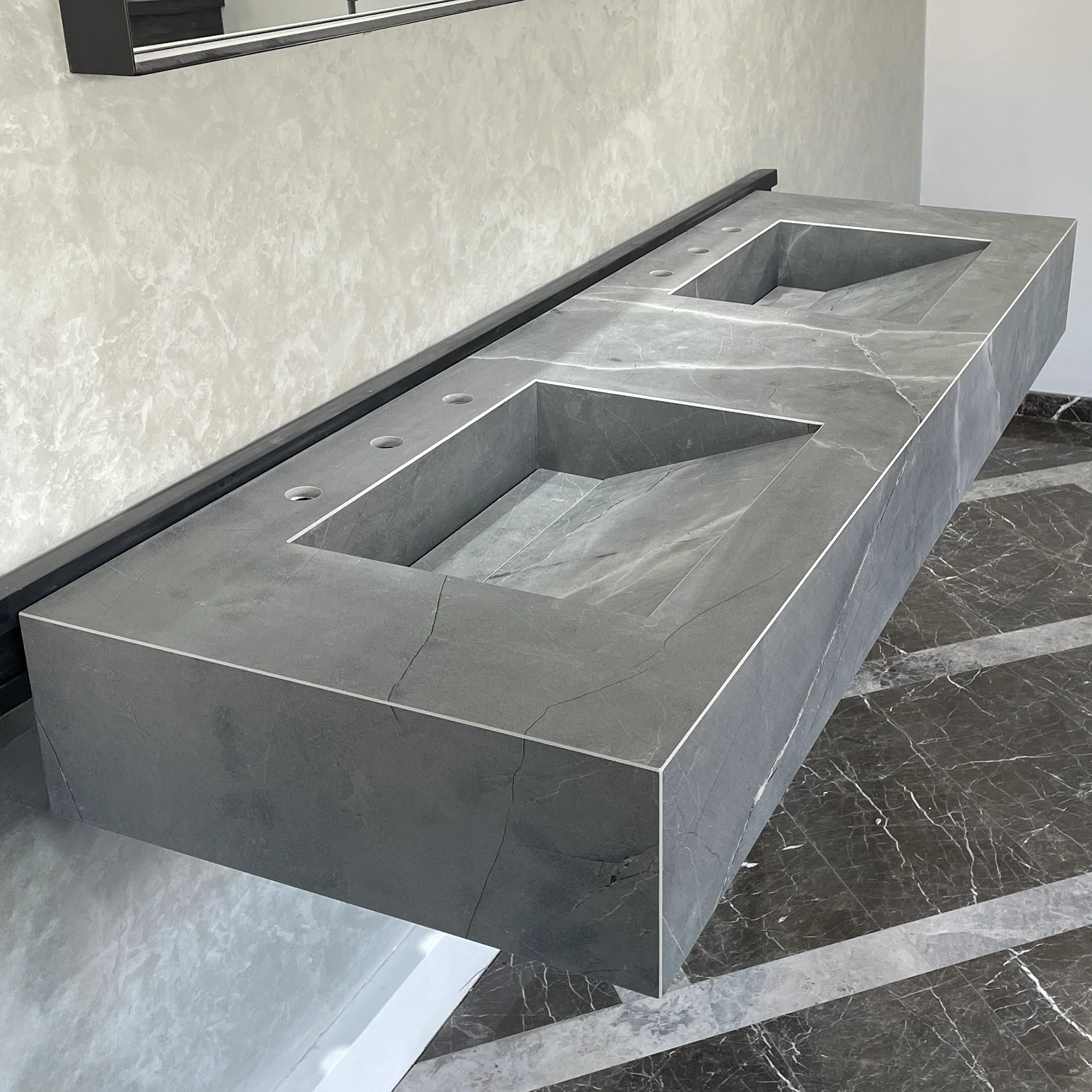HANDCRAFTED ARMANI GREY HIGH ENGINEERED PORCELAIN DOUBLE SINK (ES-096) - Image 4