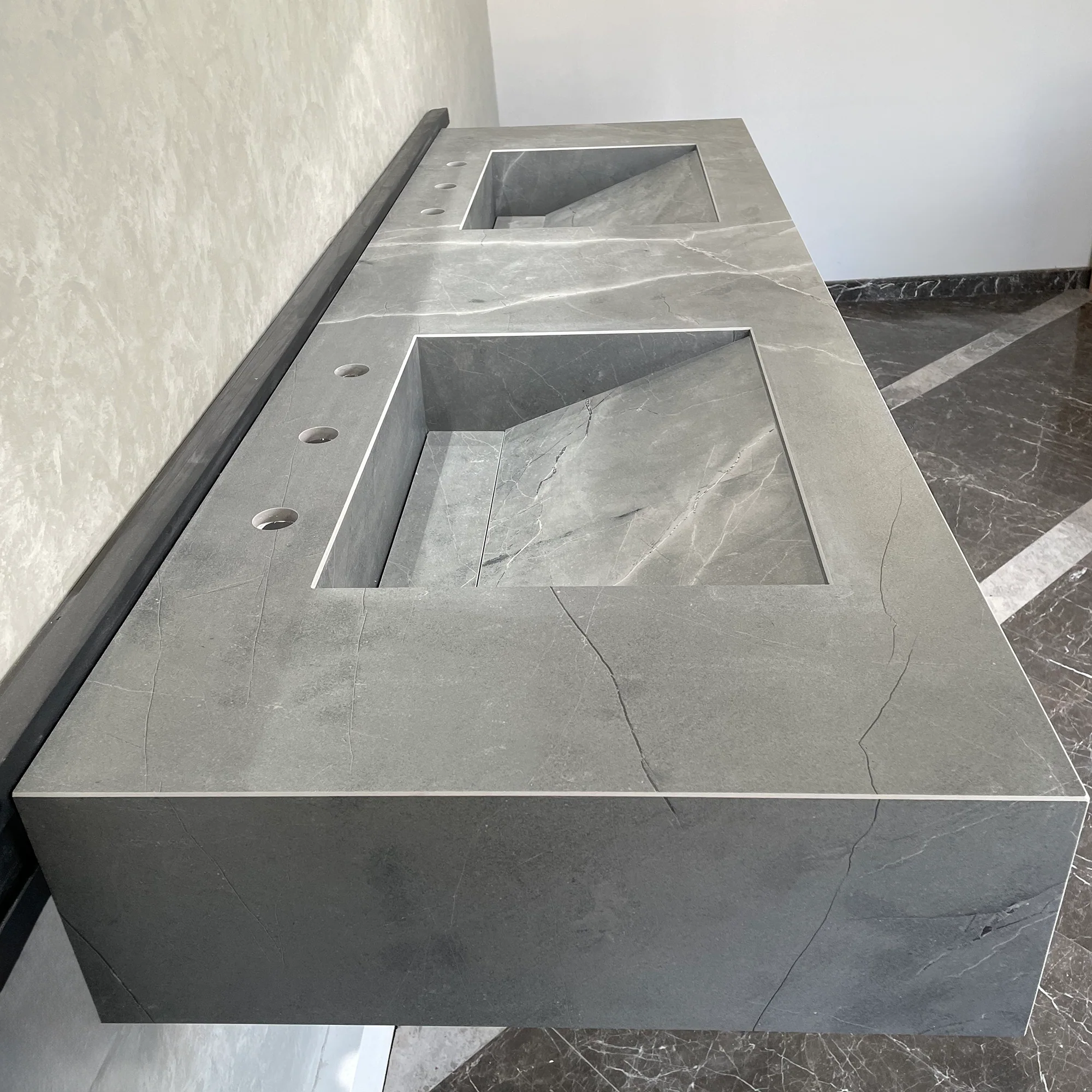 HANDCRAFTED ARMANI GREY HIGH ENGINEERED PORCELAIN DOUBLE SINK (ES-096) - Image 5