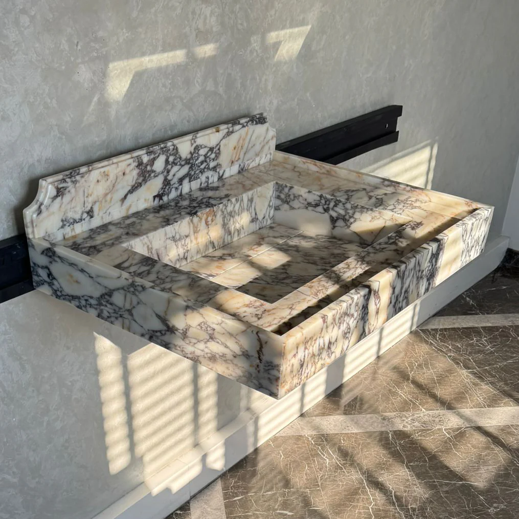 Handcrafted Calacatta Viola Marble Sink With Backsplash: Custom Bathroom Vanity (NS-065) - Image 2