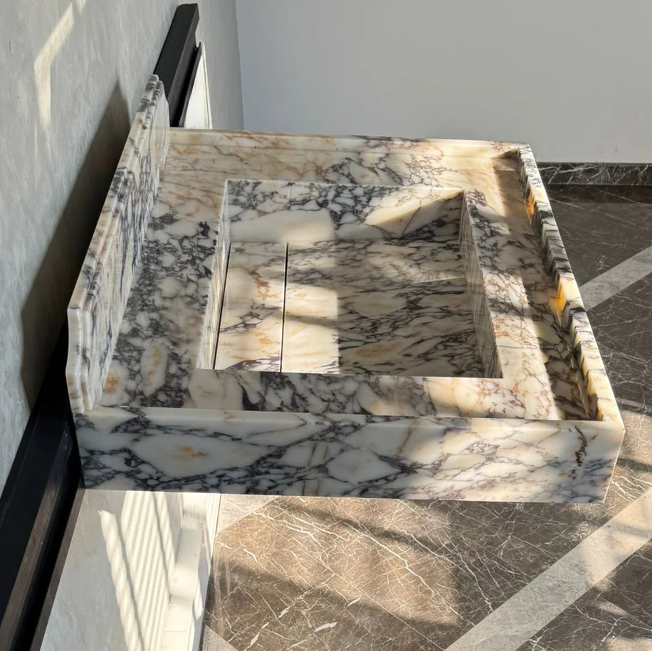 Handcrafted Calacatta Viola Marble Sink With Backsplash: Custom Bathroom Vanity (NS-065) - Image 3
