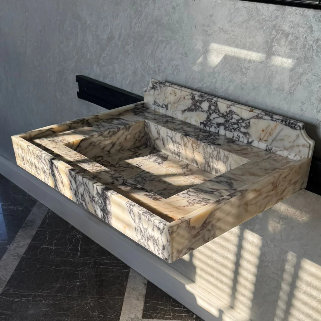 Handcrafted Calacatta Viola Marble Sink With Backsplash: Custom Bathroom Vanity (NS-065) - Image 4