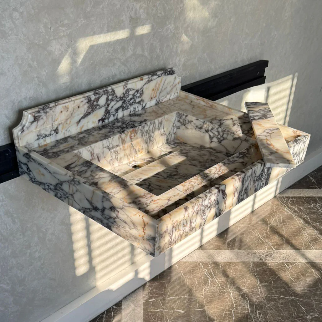 Handcrafted Calacatta Viola Marble Sink With Backsplash: Custom Bathroom Vanity (NS-065) - Image 5