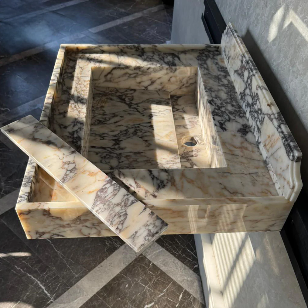 Handcrafted Calacatta Viola Marble Sink With Backsplash: Custom Bathroom Vanity (NS-065) - Image 6